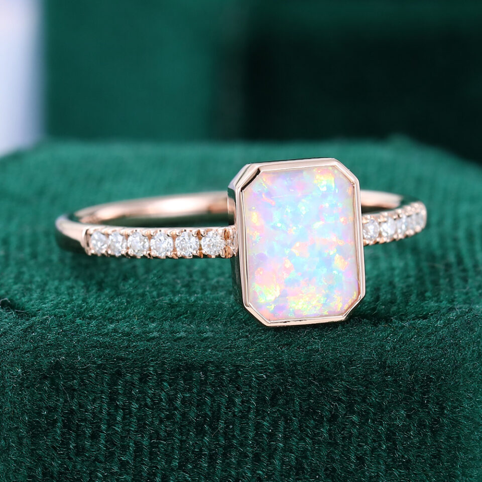 Emerald Cut Lab Opal Pavé Engagement Ring Bezel Setting Promise Ring (2)