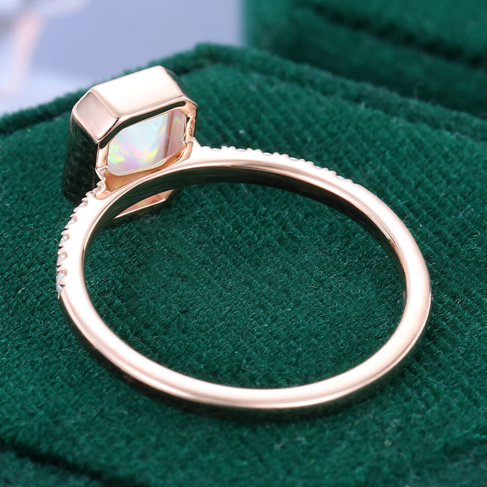 Emerald Cut Lab Opal Pavé Engagement Ring Bezel Setting Promise Ring (4)