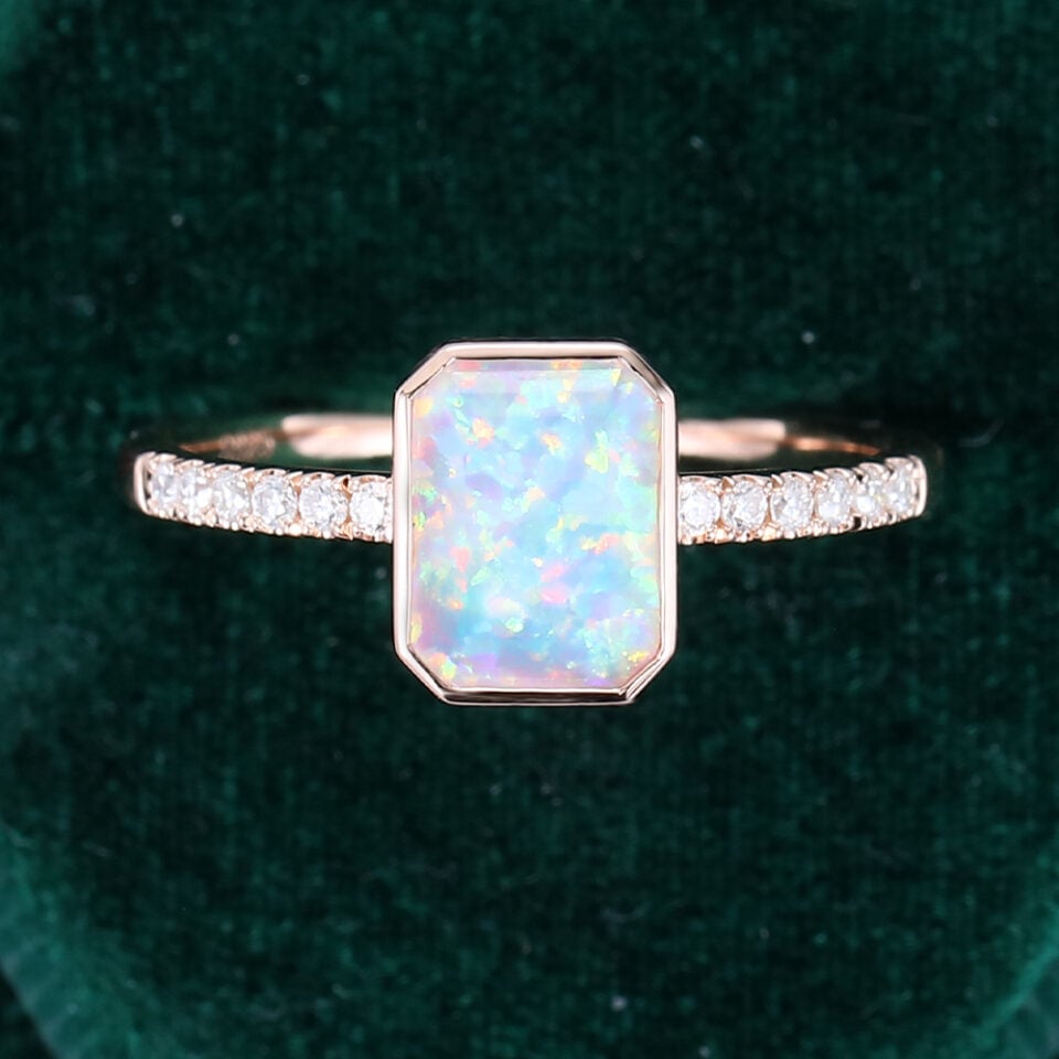 Emerald Cut Lab Opal Pavé Engagement Ring Bezel Setting Promise Ring (6)