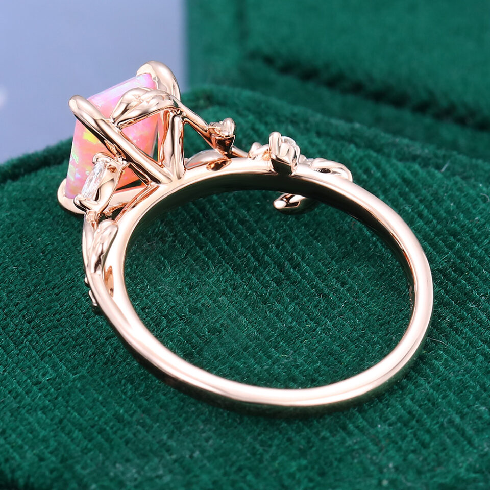 Emerald Cut Lab Pink Opal Engagement Ring With Moissanite Accents (2)