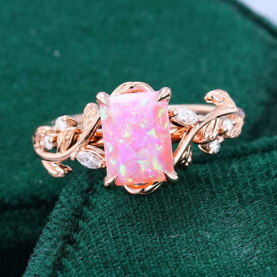 Emerald Cut Lab Pink Opal Engagement Ring With Moissanite Accents (3)