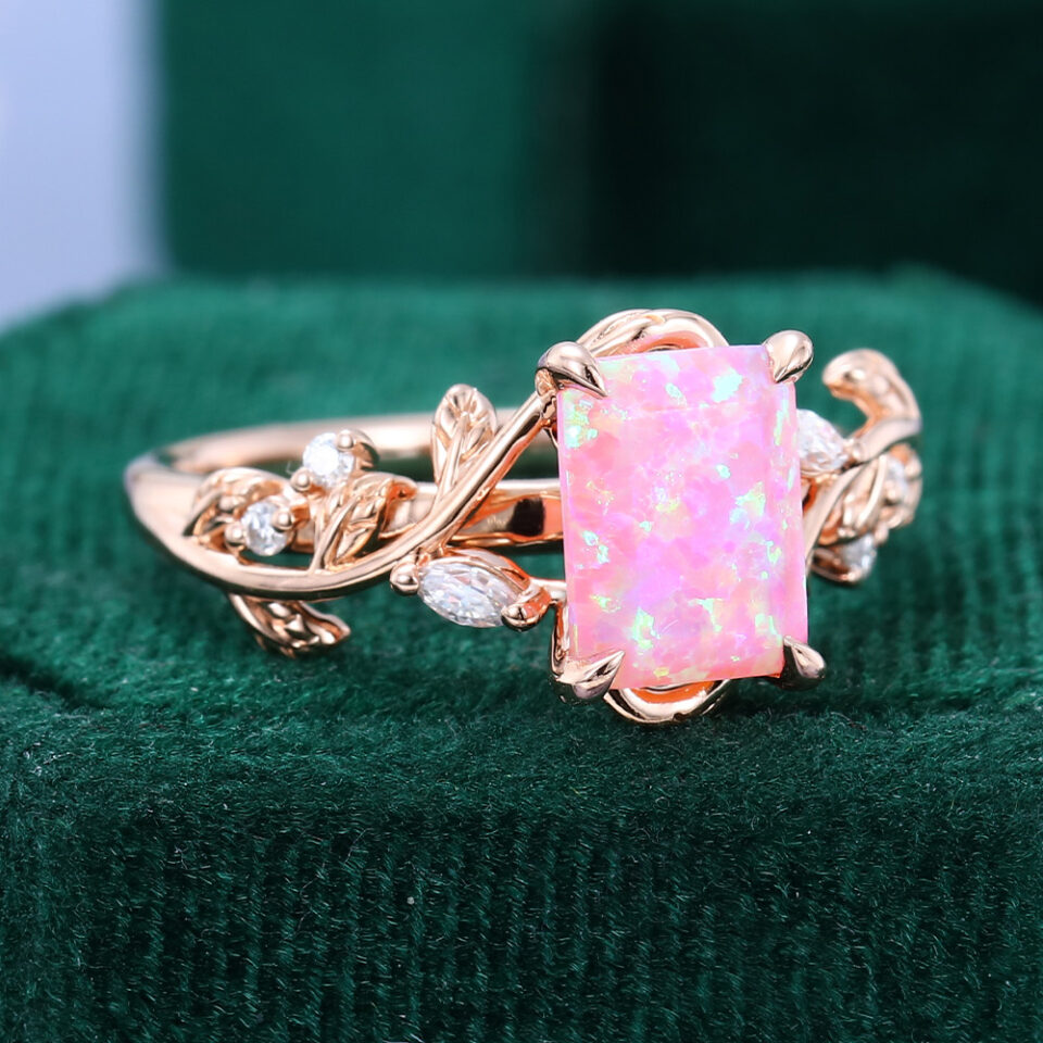 Emerald Cut Lab Pink Opal Engagement Ring With Moissanite Accents (5)