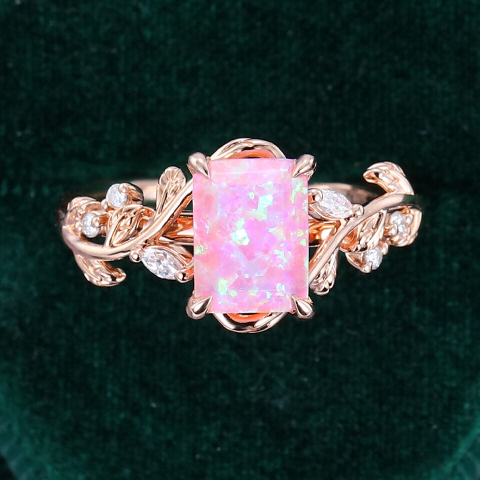 Emerald Cut Lab Pink Opal Engagement Ring With Moissanite Accents (6)