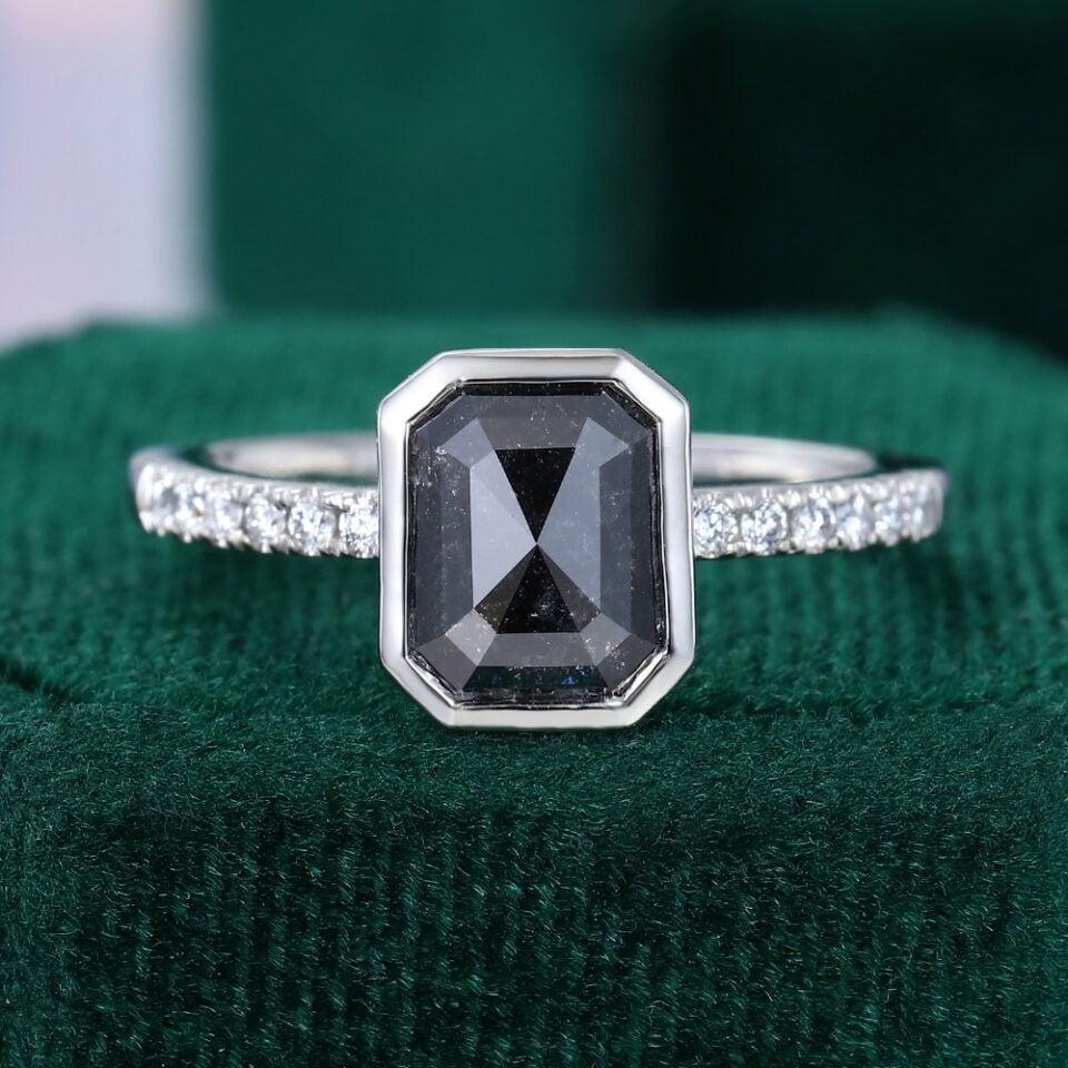 Emerald Cut Salt and Pepper Diamond Engagement Ring Bezel Setting Pavé Ring