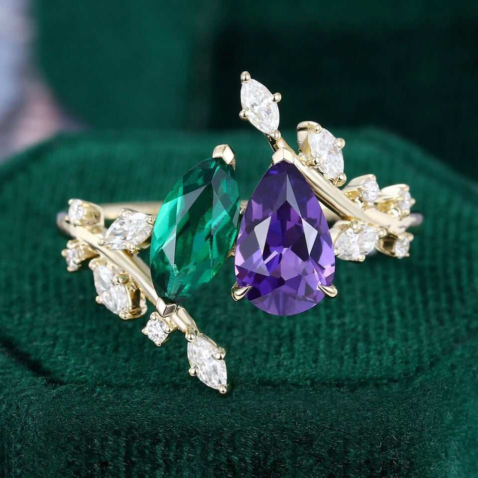 Emerald & Purple Sapphire Toi Et Moi Engagement Ring Two Stone Ring