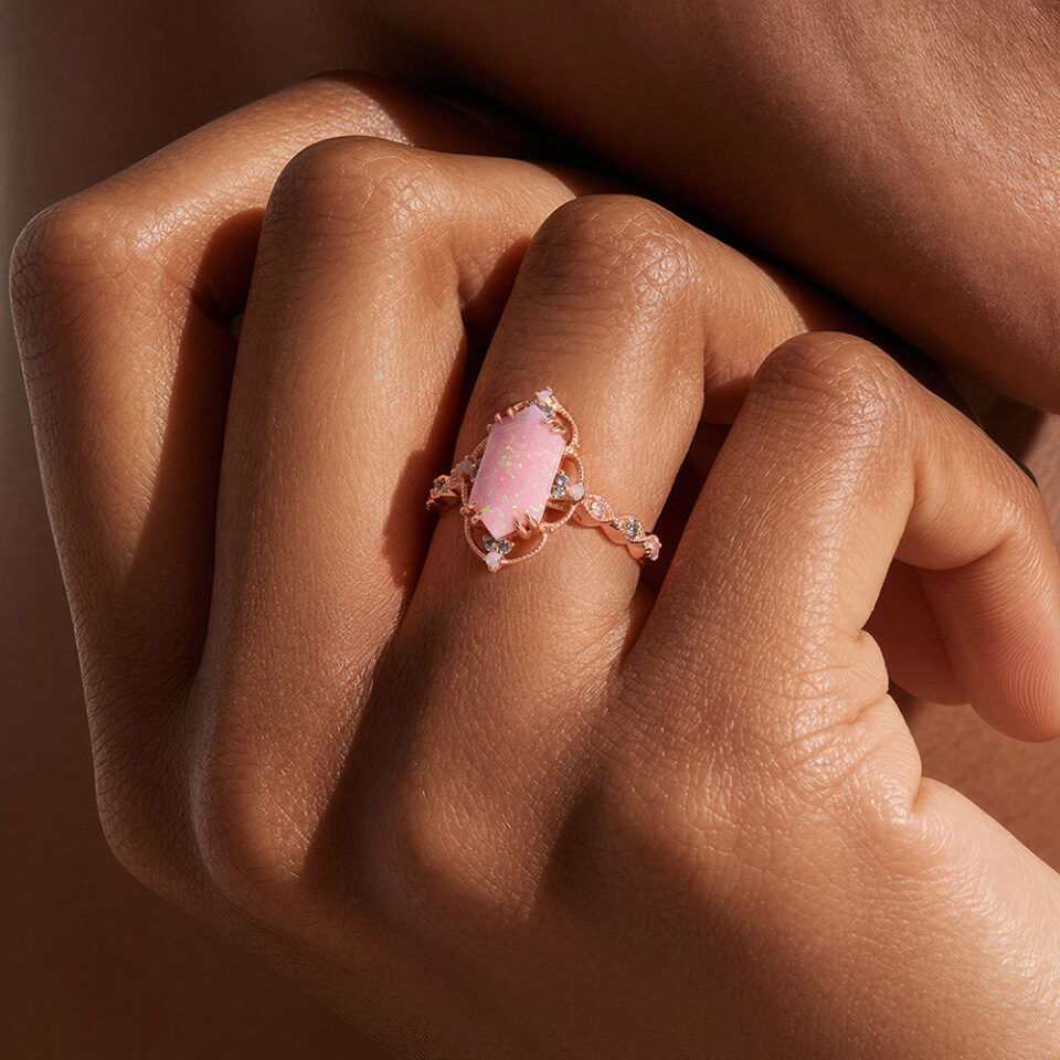 Filigree Floral Halo Vintage Long Hexagonal Pink Opal Engagement Ring With Milgrain Accents (3)