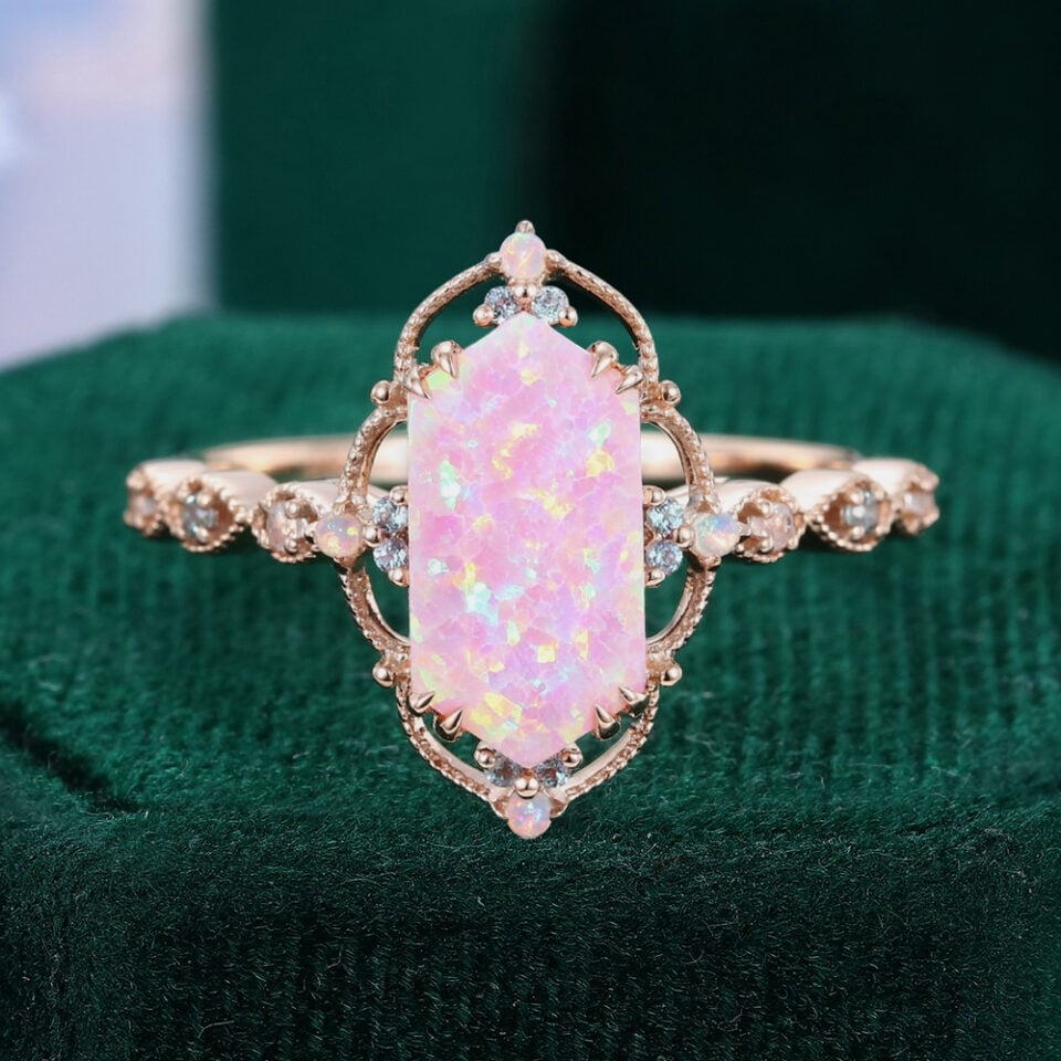 Filigree Floral Halo | Vintage Long Hexagonal Pink Opal Engagement Ring With Milgrain Accents