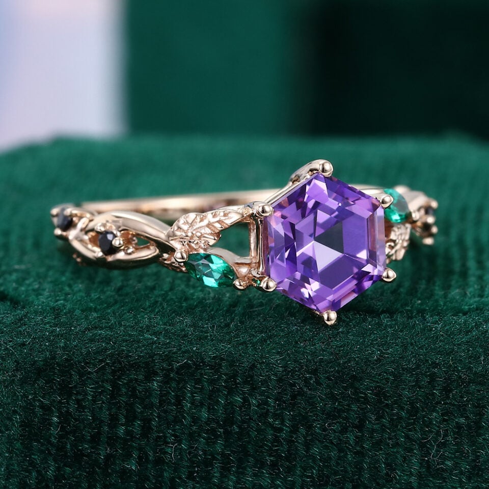 Hexagon Cut Amethyst Engagement Ring Split Shank Leaf Promise Ring (1)