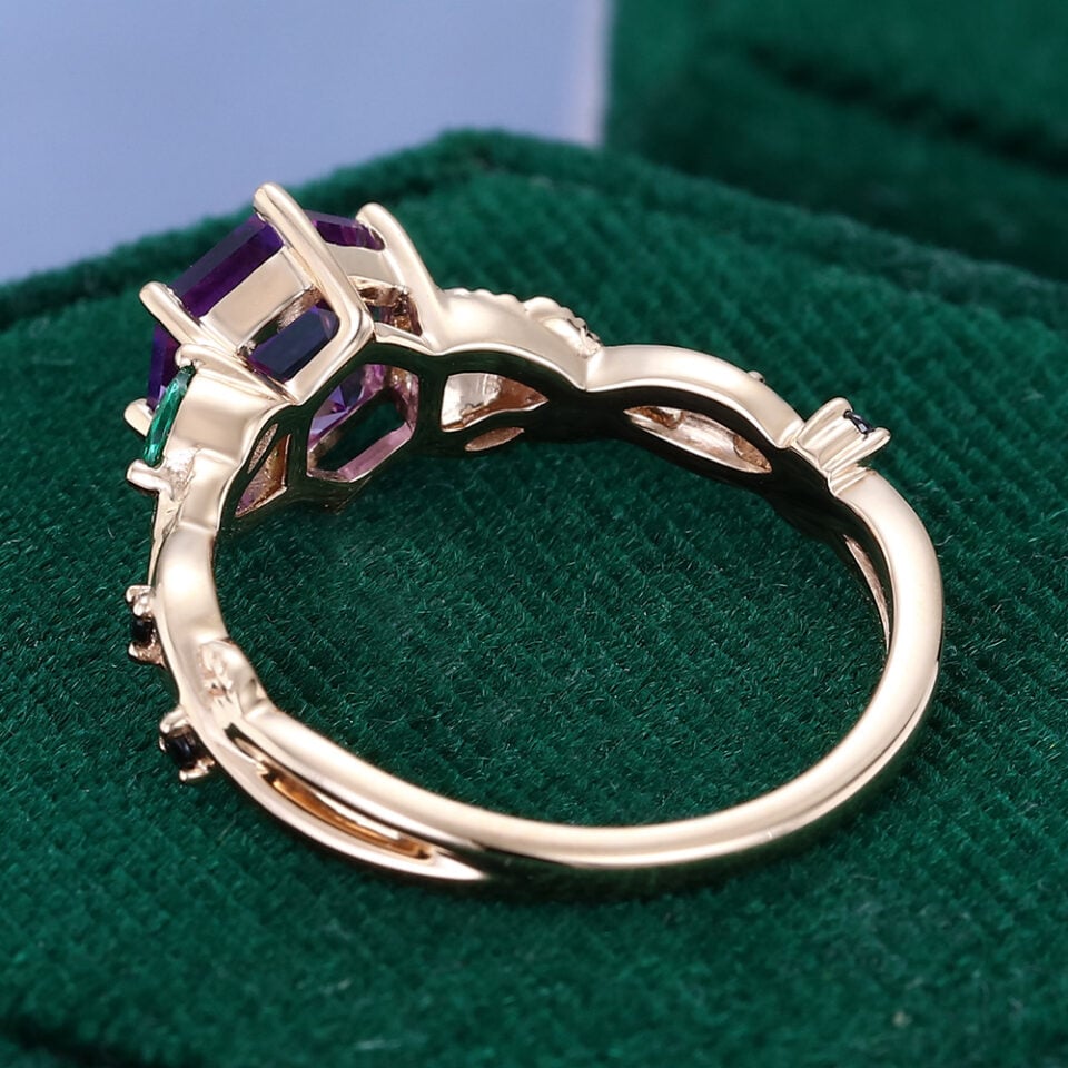 Hexagon Cut Amethyst Engagement Ring Split Shank Leaf Promise Ring (3)