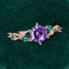 Hexagon Cut Amethyst Engagement Ring Split Shank Leaf Promise Ring (4)