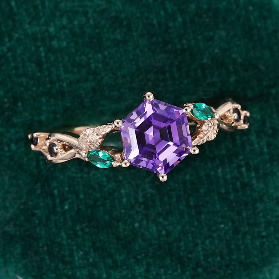 Hexagon Cut Amethyst Engagement Ring Split Shank Leaf Promise Ring (4)