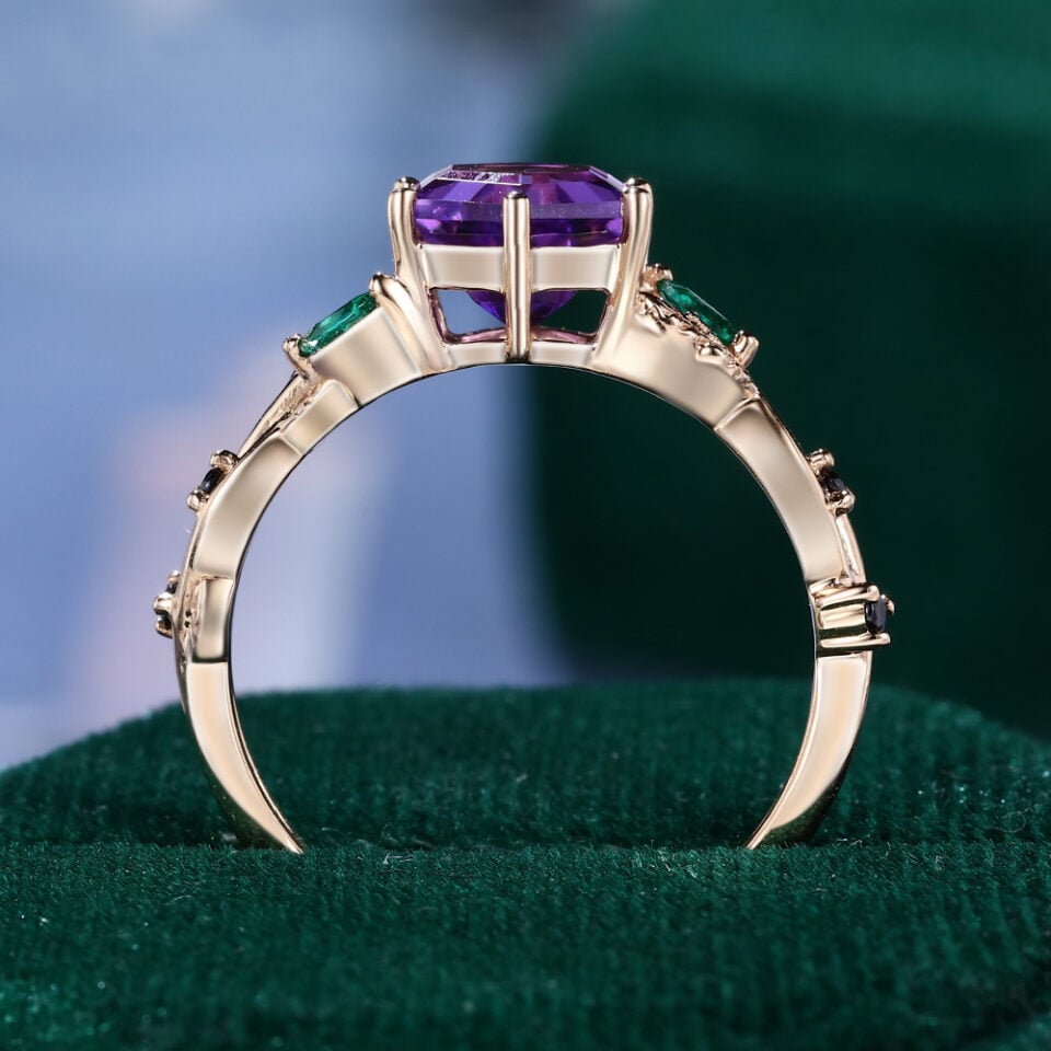 Hexagon Cut Amethyst Engagement Ring Split Shank Leaf Promise Ring (5)