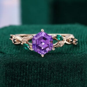 IvyFlow | Hexagon Cut Amethyst Engagement Ring Split Shank Leaf Promise Ring
