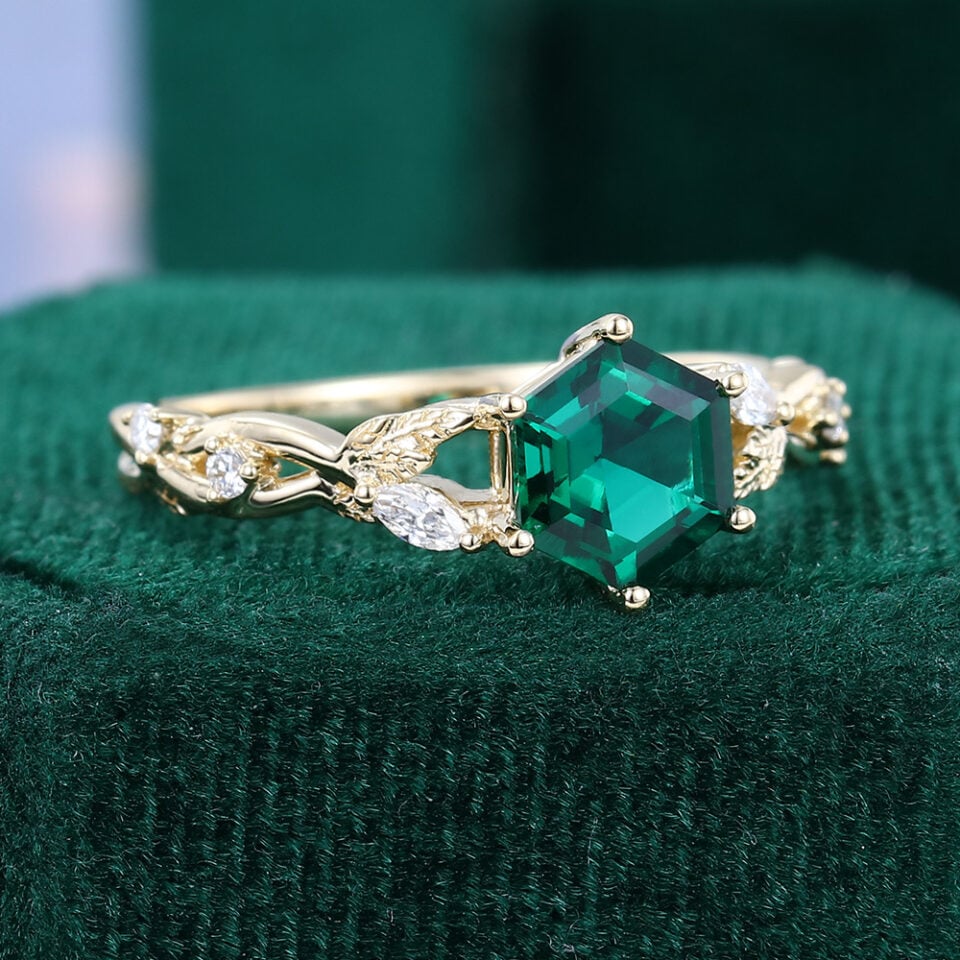 Hexagon Cut Emerald Infinity Engagement Ring Nature Themed Leaf Ring (2)