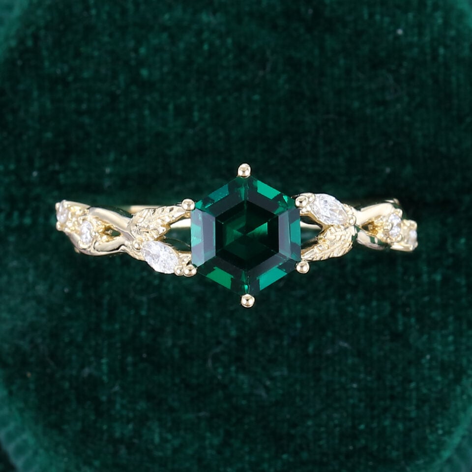 Hexagon Cut Emerald Infinity Engagement Ring Nature Themed Leaf Ring (3)
