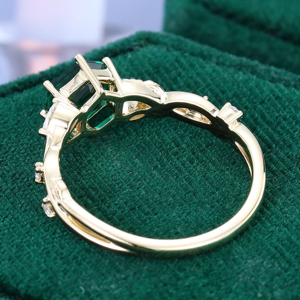 Hexagon Cut Emerald Infinity Engagement Ring Nature Themed Leaf Ring (4)