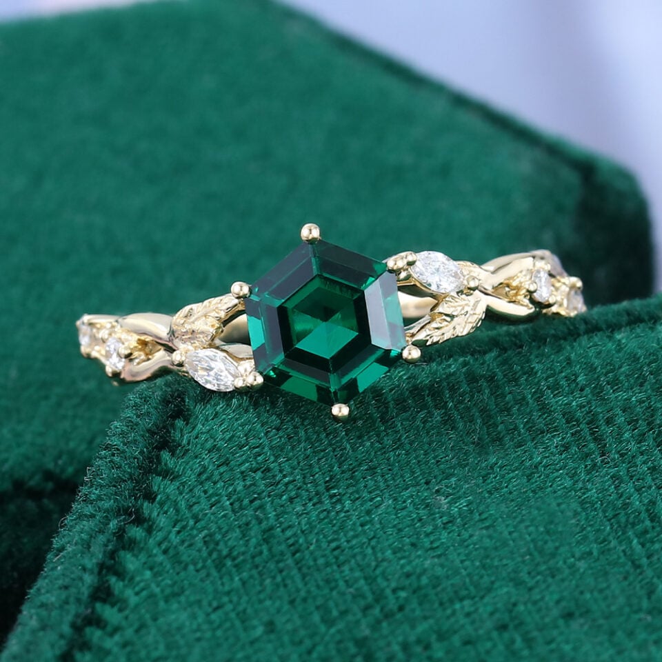 Hexagon Cut Emerald Infinity Engagement Ring Nature Themed Leaf Ring (5)