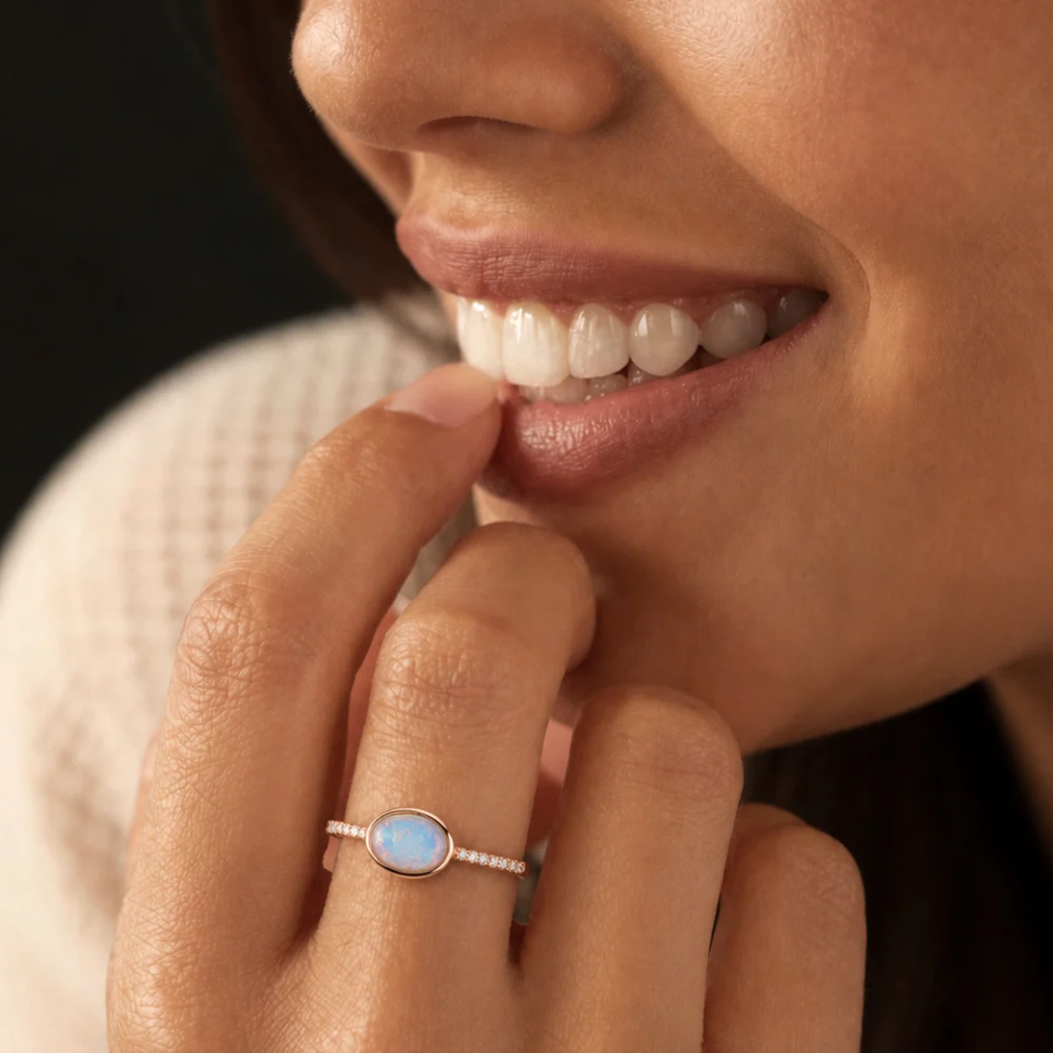 Horizontal Oval Bezel Natural Opal Promise Ring East-West Pavé Engagement Ring