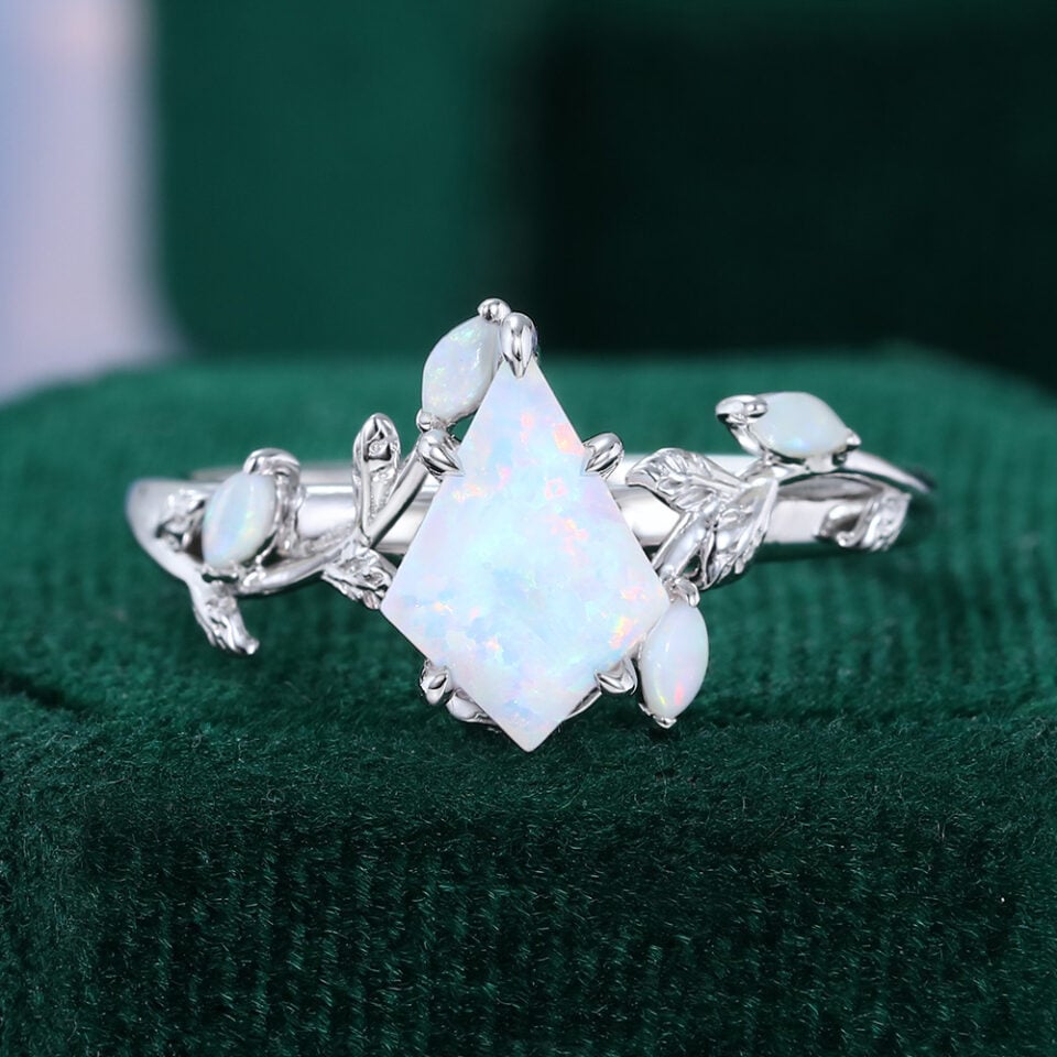 Kite Cut Lab Opal Engagement Ring Nature Themed Leaf Ring