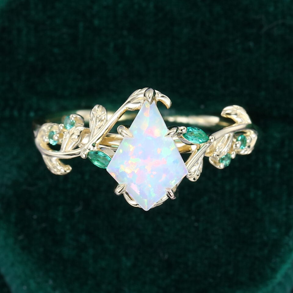 Kite Cut Lab Opal Engagement Ring With Emerald Accents (11)