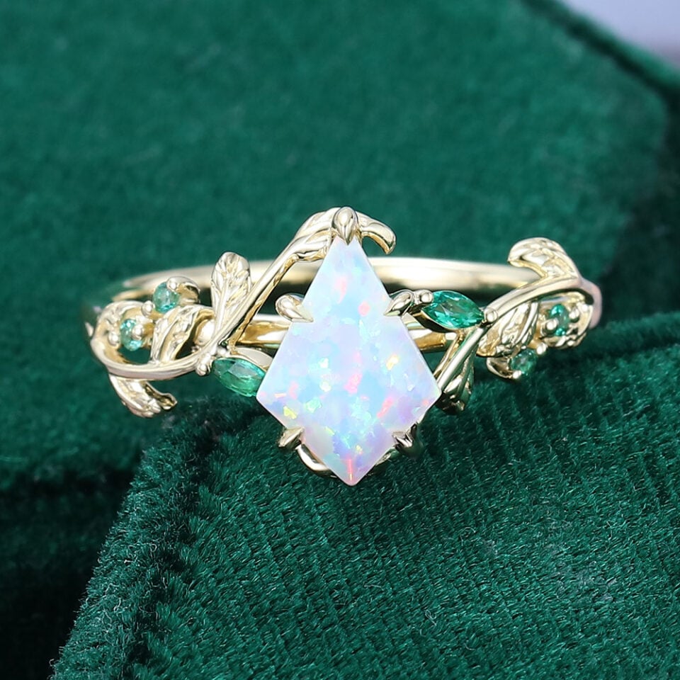 Kite Cut Lab Opal Engagement Ring With Emerald Accents (2)