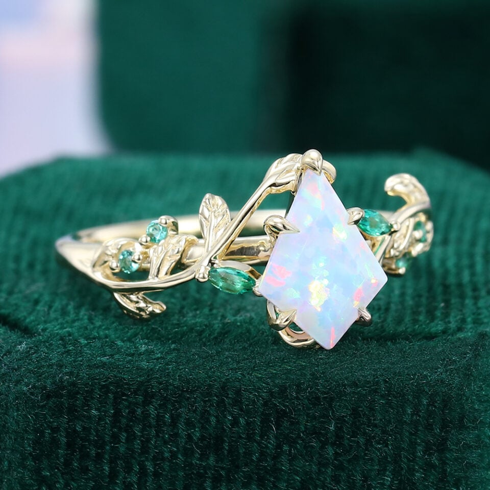 Kite Cut Lab Opal Engagement Ring With Emerald Accents (7)