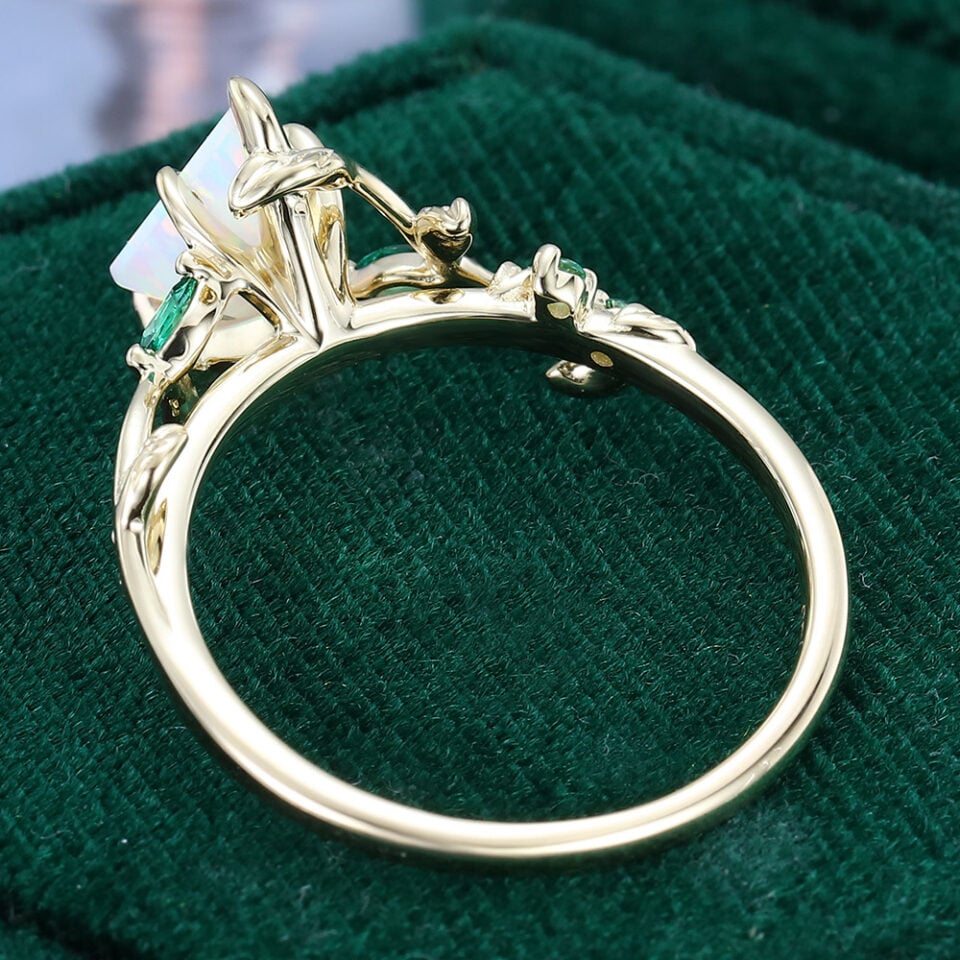 Kite Cut Lab Opal Engagement Ring With Emerald Accents (9)