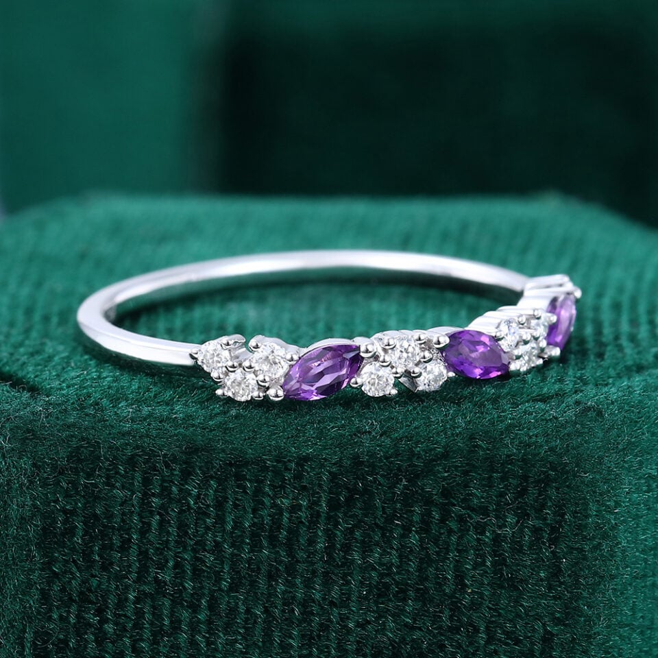 Leaning Marquise Amethyst Cluster Wedding Band Half Eternity Matching Ring (1)