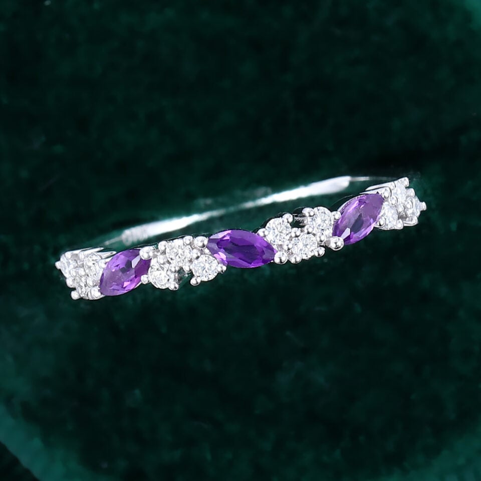 Leaning Marquise Amethyst Cluster Wedding Band Half Eternity Matching Ring (3)