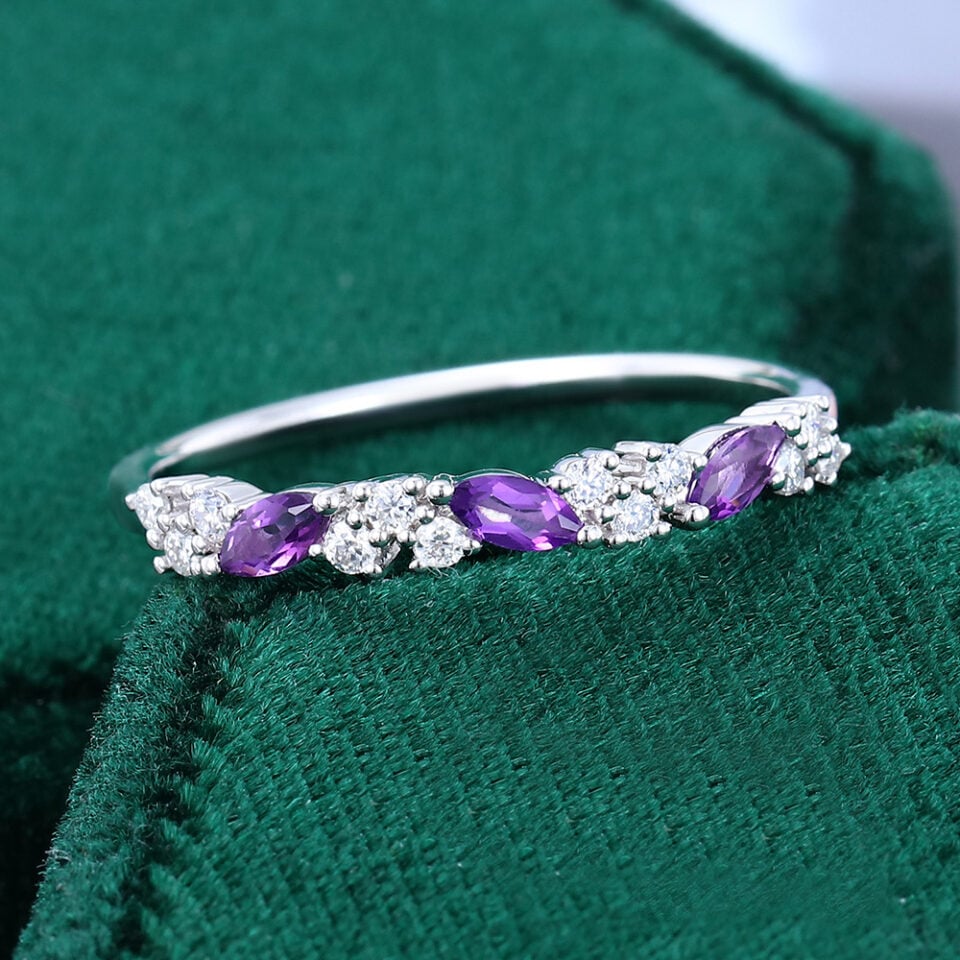 Leaning Marquise Amethyst Cluster Wedding Band Half Eternity Matching Ring (5)