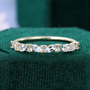 Leaning Marquise Aquamarine Wedding Band Half Eternity Stacking Ring
