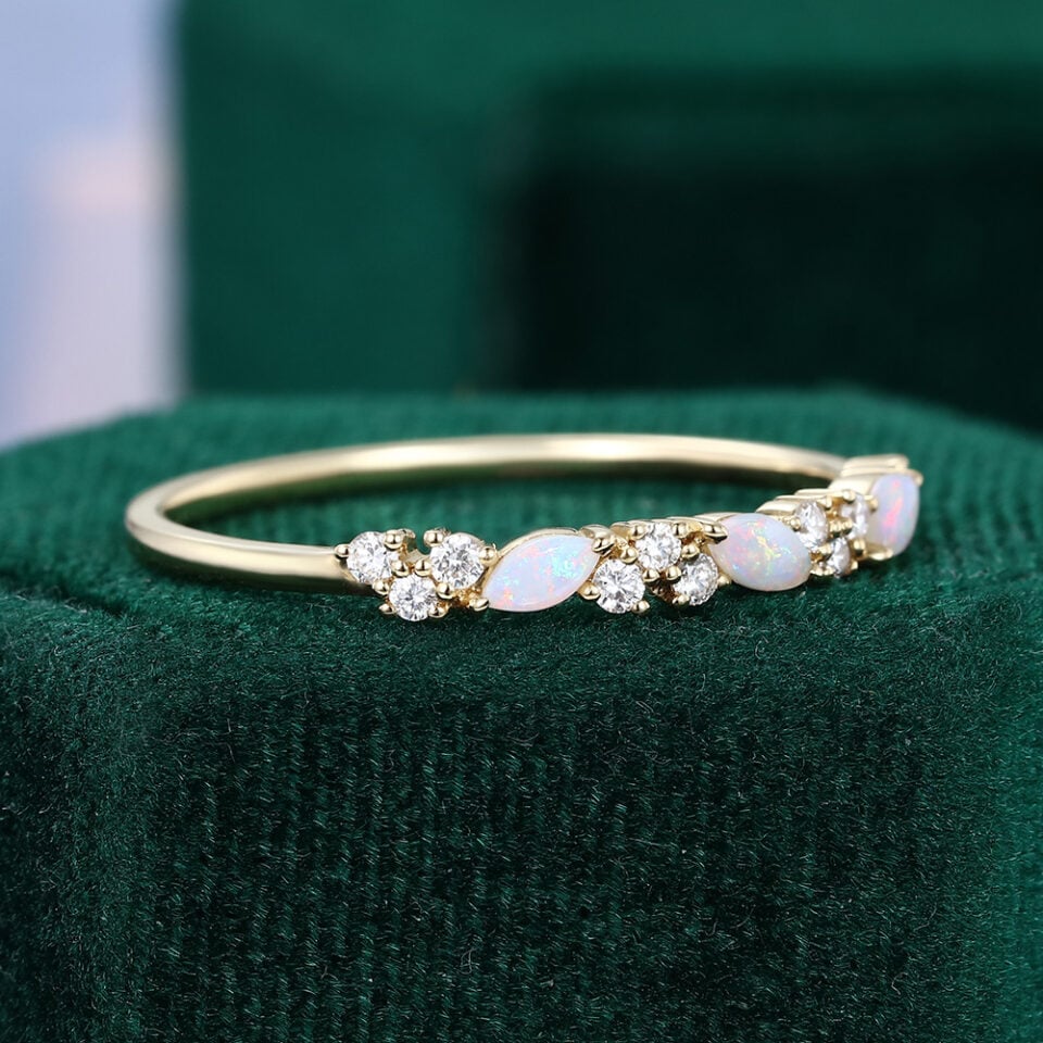 Leaning Natural Opal Cluster Wedding Band Half Eternity Matching Ring (3)