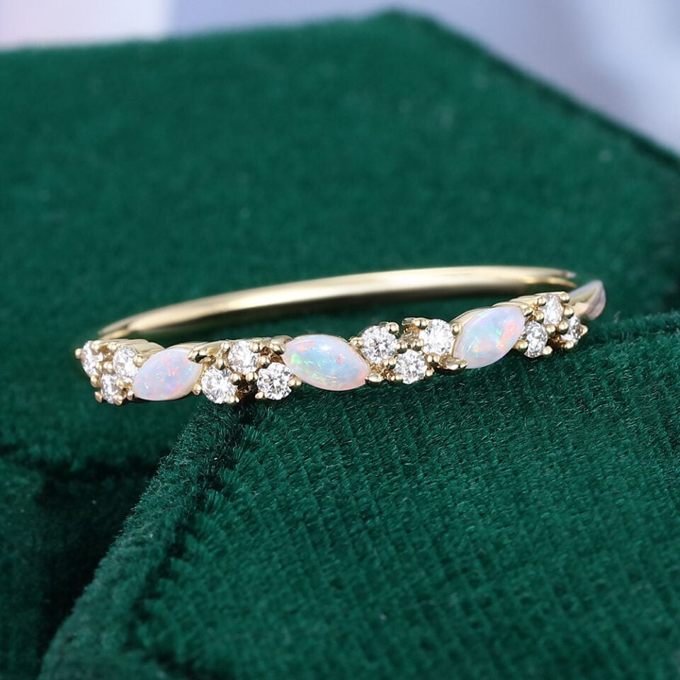 Leaning Natural Opal Cluster Wedding Band Half Eternity Matching Ring (4)