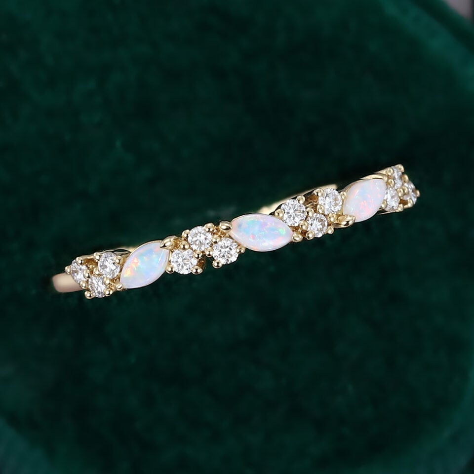Leaning Natural Opal Cluster Wedding Band Half Eternity Matching Ring (5)