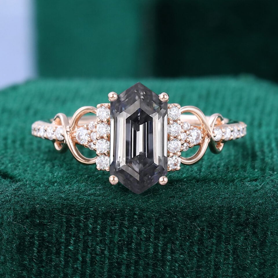 Unique Long Hexagon Cut Gray Moissanite Infinity Pavé Engagement Ring