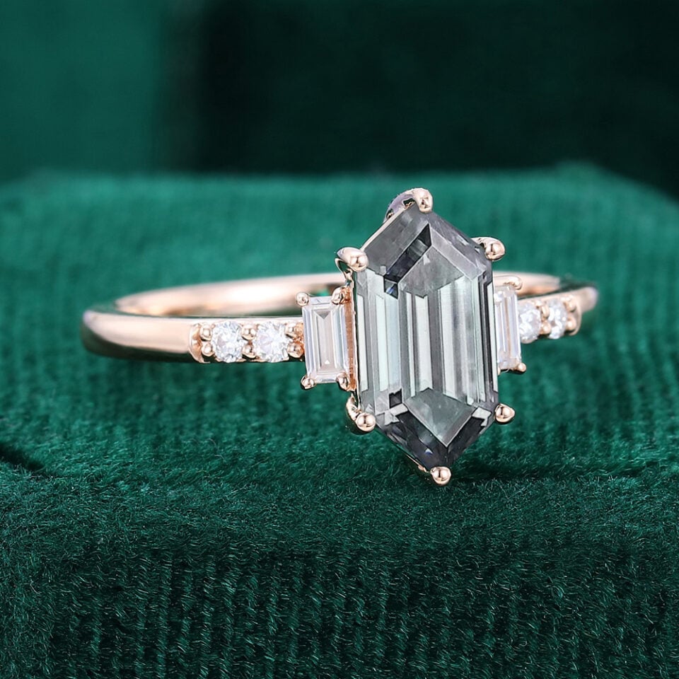 Long Hexagon Cut Gray Moissanite Engagement Ring With Baguette & Round Accents (2)