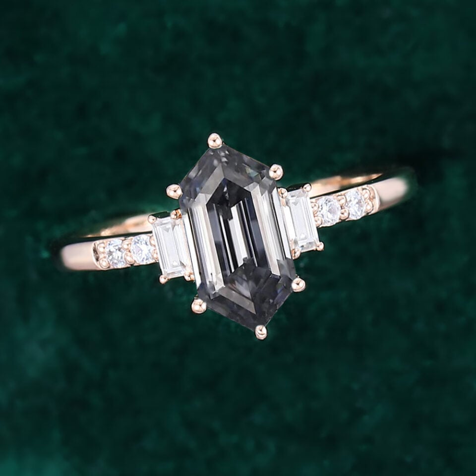 Long Hexagon Cut Gray Moissanite Engagement Ring With Baguette & Round Accents (3)