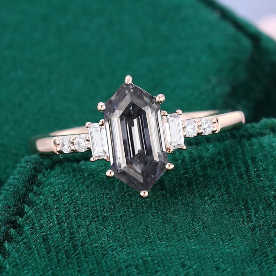 Long Hexagon Cut Gray Moissanite Engagement Ring With Baguette & Round Accents (5)