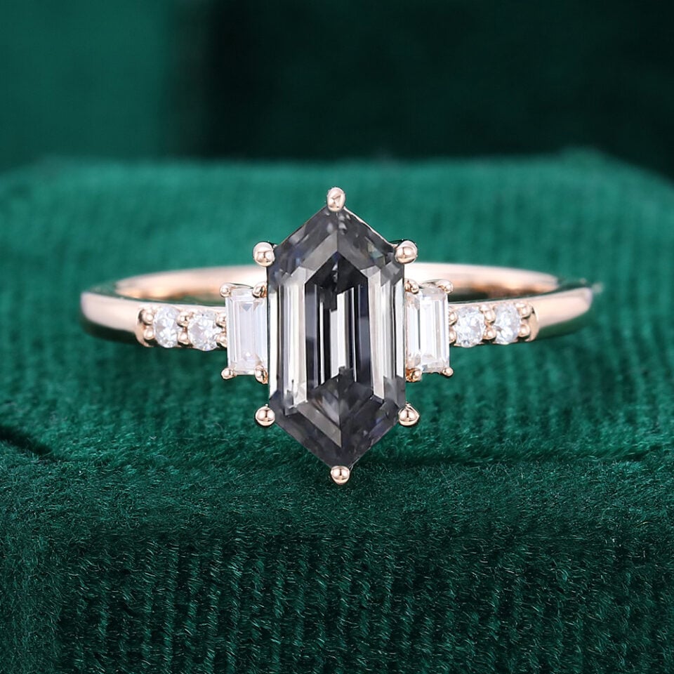 Long Hexagon Cut Gray Moissanite Engagement Ring With Baguette & Round Accents