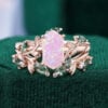 Long Hexagon Cut Lab Opal Bridal Ring Set 2PCS Nature Inspired Leaf Ring Set