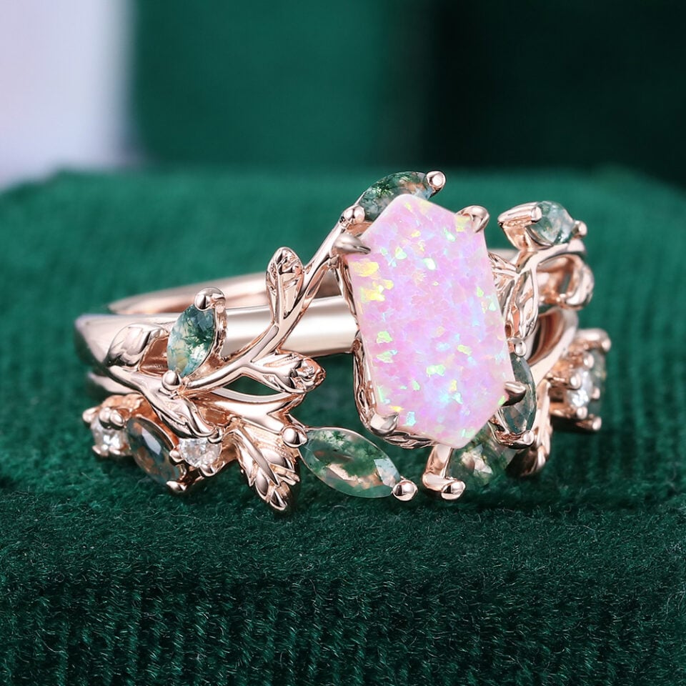 Long Hexagon Cut Lab Opal Bridal Ring Set 2PCS Nature Inspired Leaf Ring Set (3)