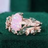 Long Hexagon Cut Lab Opal Bridal Ring Set 2PCS Nature Inspired Leaf Ring Set (4)