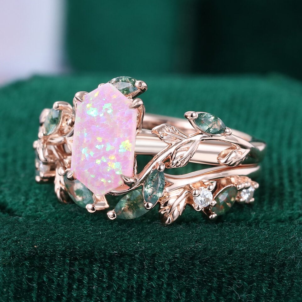 Long Hexagon Cut Lab Opal Bridal Ring Set 2PCS Nature Inspired Leaf Ring Set (4)