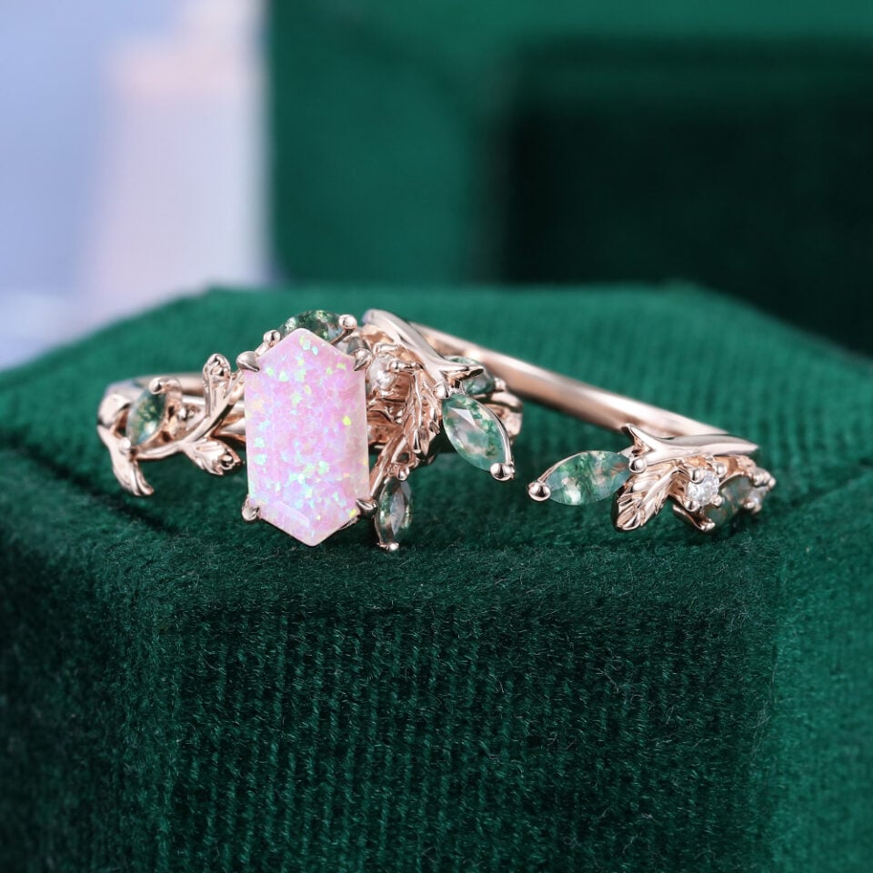 Long Hexagon Cut Lab Opal Bridal Ring Set 2PCS Nature Inspired Leaf Ring Set (6)