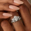 Long Hexagon Cut Moissanite Bridal Ring Set With Nature Inspired Leaf Band (4)