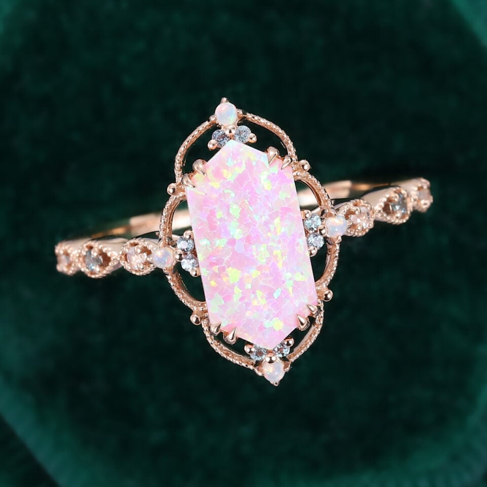 Long Hexagon Cut Pink Opal Engagement Ring Filigree Floral Halo Promise Ring (1)