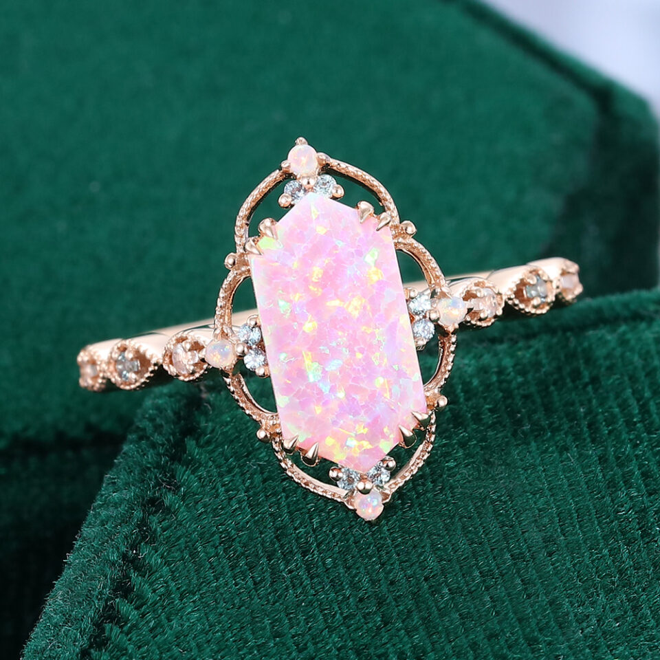 Long Hexagon Cut Pink Opal Engagement Ring Filigree Floral Halo Promise Ring (2)