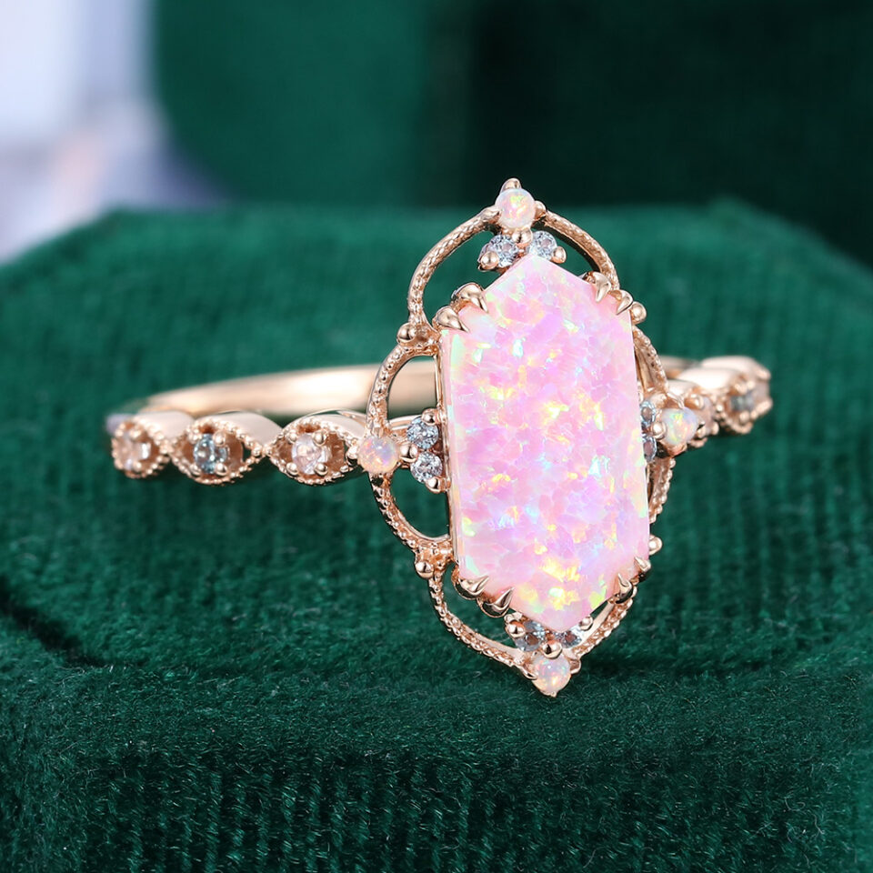 Long Hexagon Cut Pink Opal Engagement Ring Filigree Floral Halo Promise Ring (3)