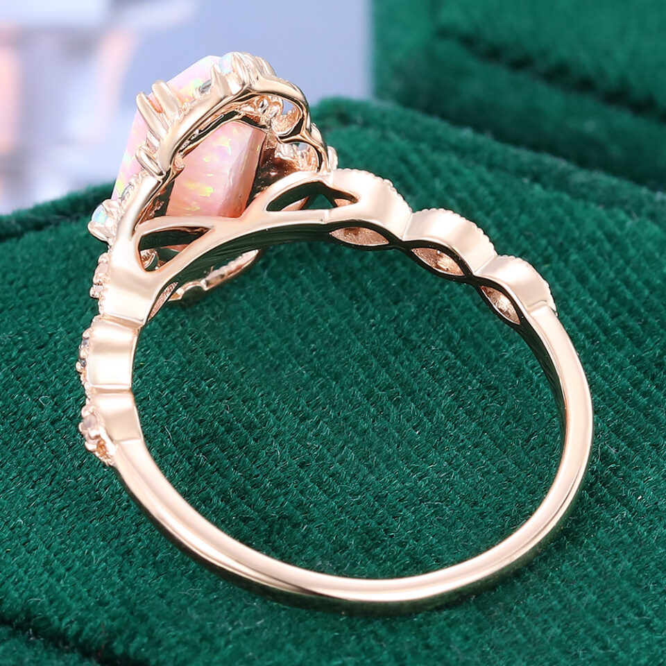 Long Hexagon Cut Pink Opal Engagement Ring Filigree Floral Halo Promise Ring (4)