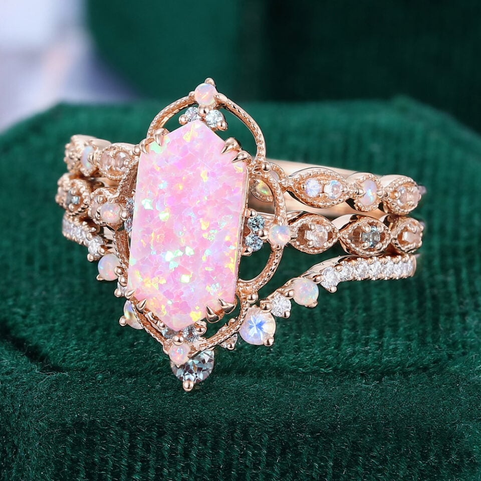 Long Hexagon Cut Pink Opal Engagement Ring Set 3PCS Vintage Inspired Bridal Ring Set (3)